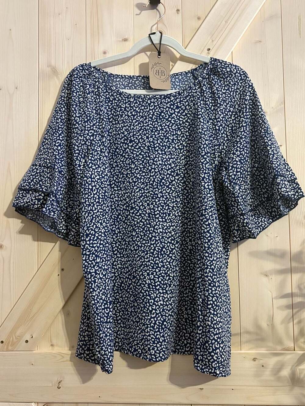 OXL Blue and White Animal Print Ruffle Layered Sleeve Blouse